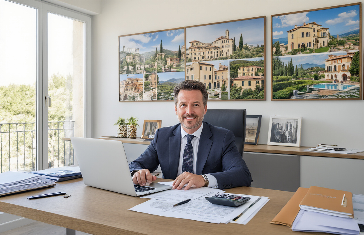 Create a realistic image of a professional white male real estate investor in his 40s wearing a business suit, sitting at a modern desk with Italian property documents, legal papers, and a laptop computer, surrounded by framed photos of beautiful Italian villas and apartments on the wall, with a calculator, pen, and folders organized on the desk, in a bright contemporary office setting with natural lighting from large windows, conveying a successful and organized property investment atmosphere, absolutely NO text should be in the scene.