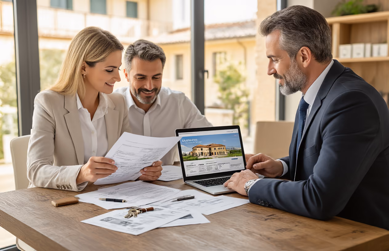 Create a realistic image of a white male real estate agent in a business suit sitting at a wooden desk with an Italian-American couple (white female and white male) reviewing official documents and property papers, with a laptop computer open showing house listings, a Italian property brochure, keys, and a pen on the desk, set in a modern real estate office with large windows showing Italian architecture in the background, warm professional lighting, absolutely NO text should be in the scene.