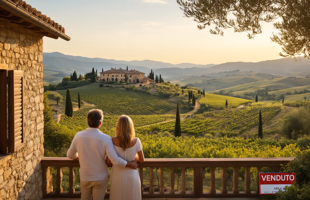 Create a realistic image of a charming Italian villa with terracotta roof tiles and stone walls set against rolling Tuscan hills, featuring a white American male and female couple in their 40s standing together on a wooden balcony overlooking vineyards and olive groves, with the couple appearing satisfied and contemplative as they gaze at the scenic landscape, warm golden hour lighting creating a peaceful and accomplished atmosphere, cypress trees dotting the background hills, and a "VENDUTO" (sold) real estate sign partially visible in the foreground garden, absolutely NO text should be in the scene.