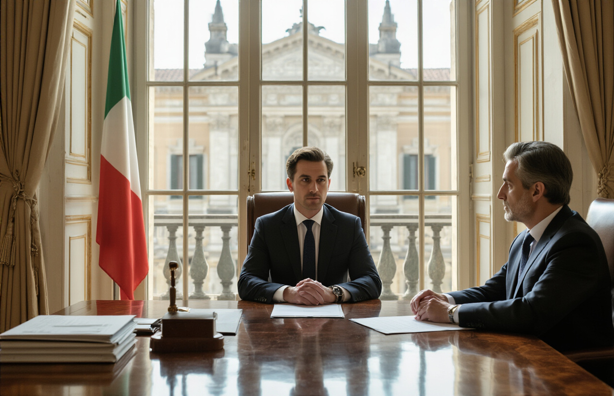 Create a realistic image of a professional meeting scene in an elegant Italian office with a white male American businessman in a dark suit sitting across from an Italian legal advisor at a polished wooden desk, with Italian legal documents, property contracts, and an Italian flag visible on the desk, traditional Italian architecture visible through large windows in the background, warm natural lighting creating a formal yet welcoming atmosphere, absolutely NO text should be in the scene.