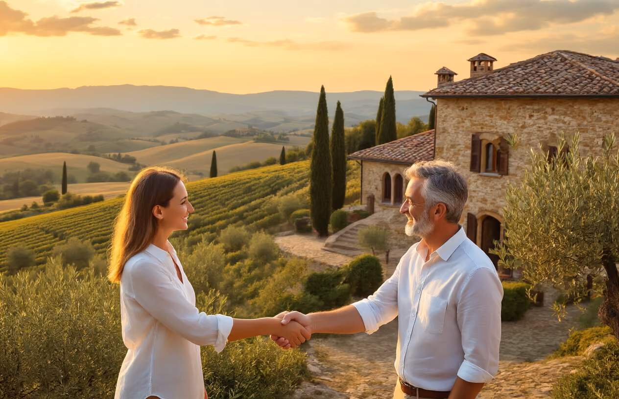 Create a realistic image of two white adults, one male and one female, shaking hands in front of a beautiful Italian villa with terracotta roof tiles and stone walls, surrounded by rolling Tuscan hills with cypress trees, golden sunset lighting creating a warm and welcoming atmosphere, representing a successful co-ownership agreement, with olive groves visible in the background and traditional Italian architecture details like arched windows and wooden shutters, absolutely NO text should be in the scene.