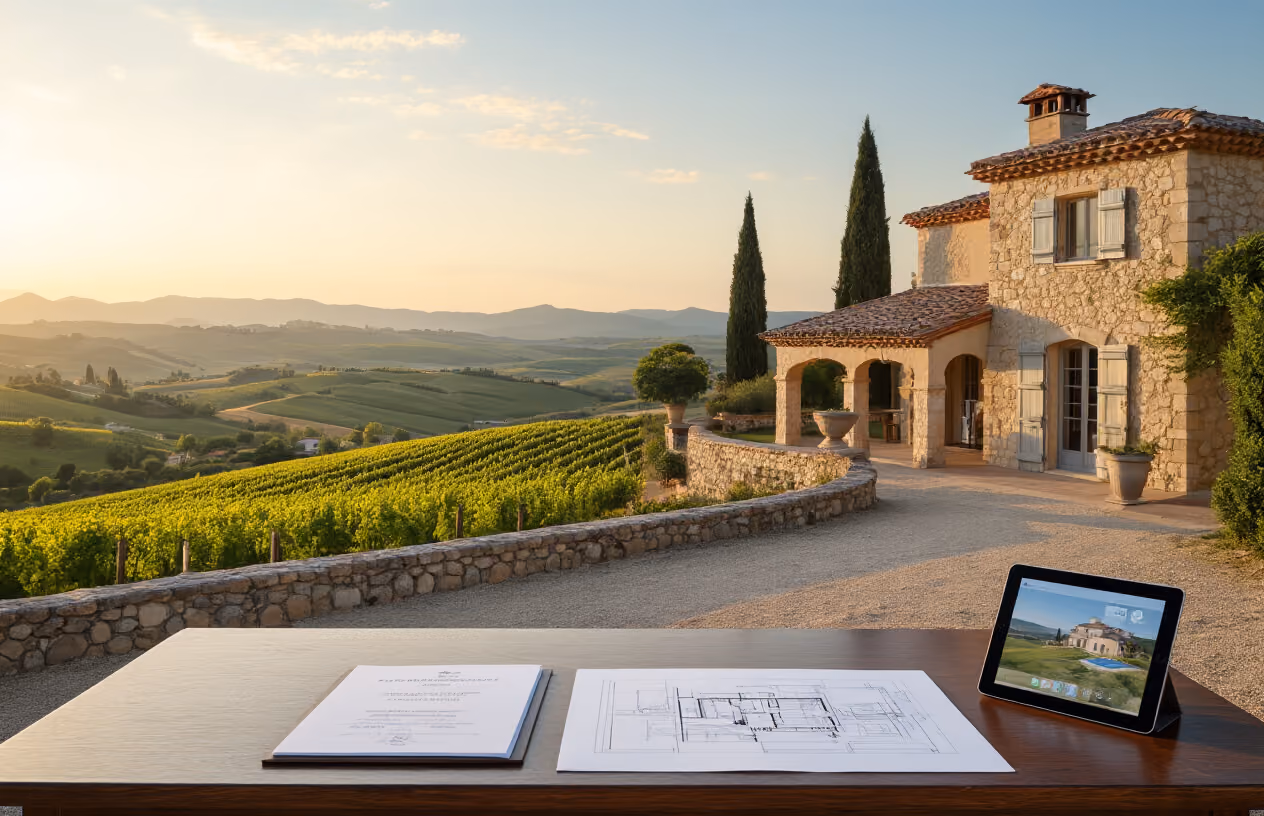 Create a realistic image of an elegant French villa with Mediterranean architecture featuring stone walls and terracotta roof tiles, with a sophisticated real estate presentation setup in the foreground including property documents, architectural blueprints, and a tablet displaying property details on a polished wooden table, set against the backdrop of the French countryside with rolling hills and vineyards, captured in warm golden hour lighting that conveys luxury and investment opportunity, absolutely NO text should be in the scene.