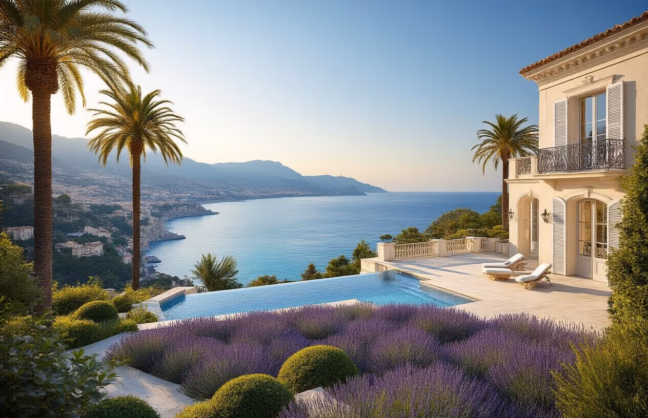Create a realistic image of a luxurious Mediterranean villa with panoramic views of the azure French Riviera coastline, featuring elegant terraced gardens with palm trees and lavender, a pristine infinity pool overlooking the sparkling blue sea, white limestone architecture with French windows and wrought iron balconies, the distant coastline of Nice or Cannes visible in the background, warm golden hour lighting creating a sophisticated and aspirational atmosphere perfect for co-ownership lifestyle, absolutely NO text should be in the scene.