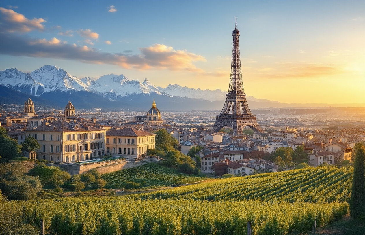 Create a realistic image of a scenic collage-style composition showcasing iconic French destinations including the Mediterranean coastline with luxury villas, the Eiffel Tower and Haussmanian buildings of Paris, snow-capped Alpine mountains with chalets, and rolling countryside vineyards, all seamlessly blended together in a harmonious panoramic view under golden hour lighting that conveys elegance, luxury, and the diverse beauty of France's premium locations, with warm sunlight creating a welcoming and aspirational mood. Absolutely NO text should be in the scene.