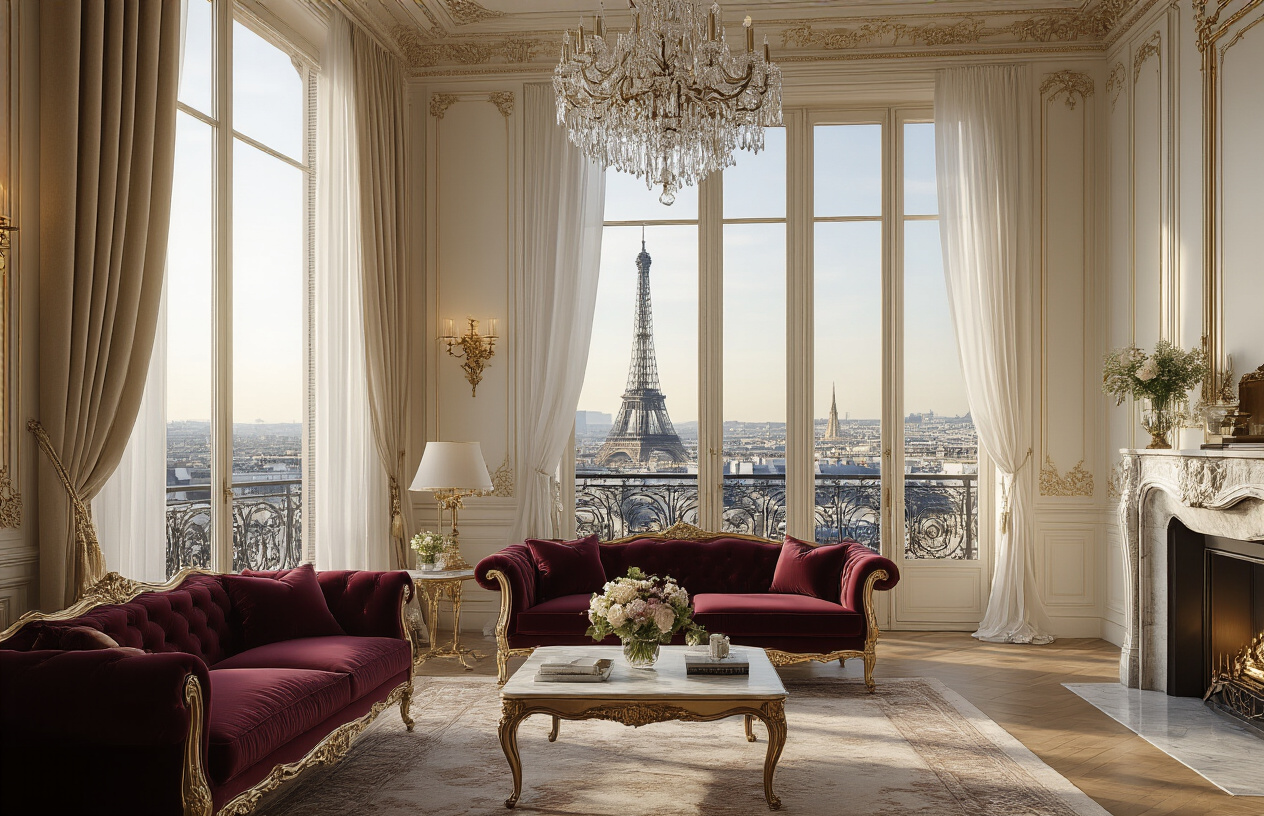 Create a realistic image of an elegant Parisian apartment interior featuring a luxurious living room with classic French furniture, ornate moldings, tall windows with sheer curtains overlooking iconic Parisian rooftops and the Eiffel Tower in the distance, marble fireplace, crystal chandelier, rich velvet sofa, antique coffee table with fresh flowers, warm golden afternoon lighting streaming through the windows, sophisticated color palette of cream, gold, and deep burgundy, creating an atmosphere of refined Parisian elegance and luxury that suggests premium shared ownership accommodation, absolutely NO text should be in the scene.