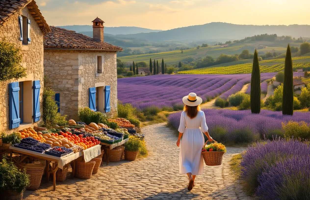Create a realistic image of a picturesque French countryside scene showcasing diverse regional elements including a charming stone cottage with blue shutters, rolling lavender fields in the background, a traditional French market with colorful produce stalls, a white middle-aged woman walking with a wicker basket filled with fresh bread and flowers, cypress trees lining a cobblestone path, warm golden hour lighting casting soft shadows, distant hills with vineyards, and typical French architectural details like terracotta roof tiles, creating an authentic local living atmosphere that captures the essence of experiencing France's varied regions, absolutely NO text should be in the scene.