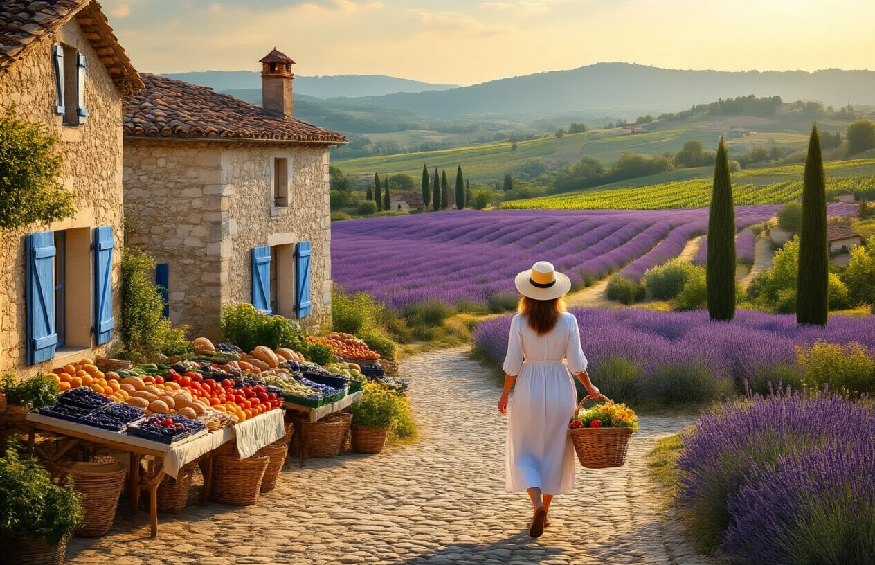 Create a realistic image of a picturesque French countryside scene showcasing diverse regional elements including a charming stone cottage with blue shutters, rolling lavender fields in the background, a traditional French market with colorful produce stalls, a white middle-aged woman walking with a wicker basket filled with fresh bread and flowers, cypress trees lining a cobblestone path, warm golden hour lighting casting soft shadows, distant hills with vineyards, and typical French architectural details like terracotta roof tiles, creating an authentic local living atmosphere that captures the essence of experiencing France's varied regions, absolutely NO text should be in the scene.