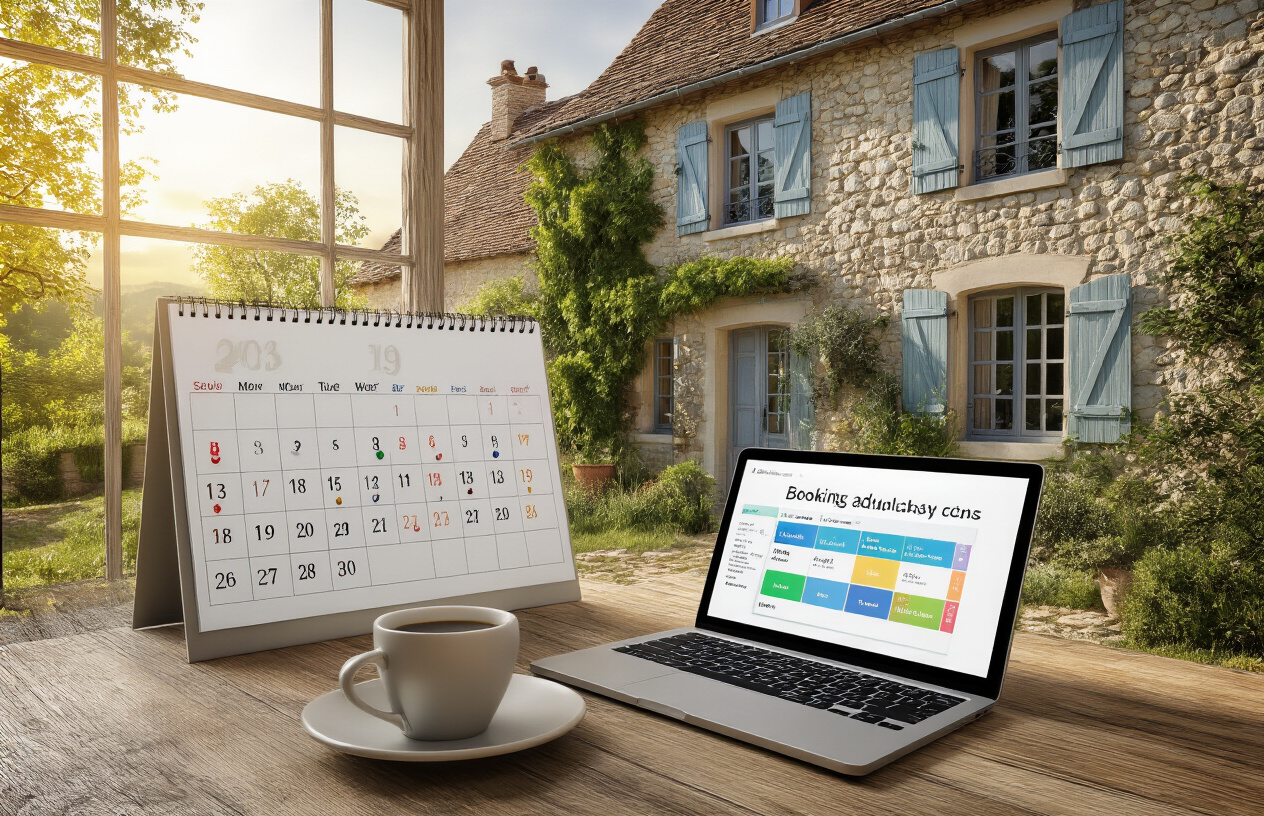 Create a realistic image of a beautiful French countryside house with a stone facade and traditional shutters, featuring a large wall calendar with different colored pins or markers indicating various scheduling periods, alongside a modern tablet or laptop displaying a booking interface with available dates highlighted in different colors, set on an elegant wooden table with a cup of coffee, soft natural lighting streaming through a window, creating a warm and organized atmosphere that conveys flexibility and planning options, absolutely NO text should be in the scene.