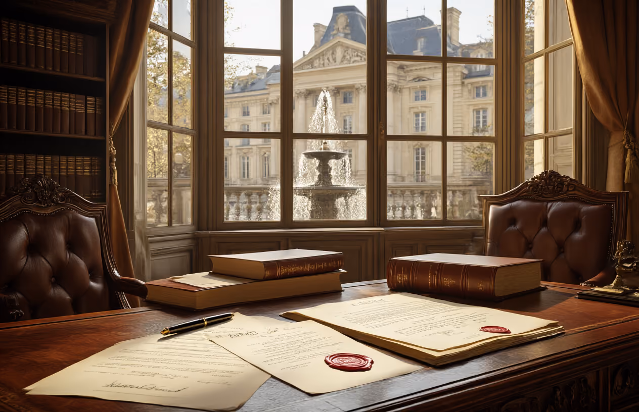 Create a realistic image of a French notary's office interior with elegant wooden furniture, legal documents spread across a mahogany desk, a leather-bound property law book open beside official papers with red wax seals, a classical French government building visible through tall windows in the background, warm natural lighting streaming through the windows creating a professional and trustworthy atmosphere, a fountain pen resting on important legal documents, and traditional French architectural elements visible in the room's design, absolutely NO text should be in the scene.