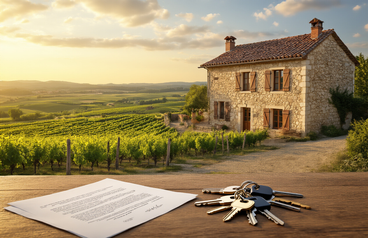 Create a realistic image of a charming French countryside house with traditional stone walls and terracotta roof tiles, showing multiple sets of keys on a wooden table in the foreground symbolizing shared ownership, with legal documents partially visible nearby, warm golden hour lighting casting a welcoming glow over the scene, lush green landscape and vineyards in the background, creating a peaceful and inviting atmosphere that represents the successful conclusion of a co-ownership property purchase in France, absolutely NO text should be in the scene.