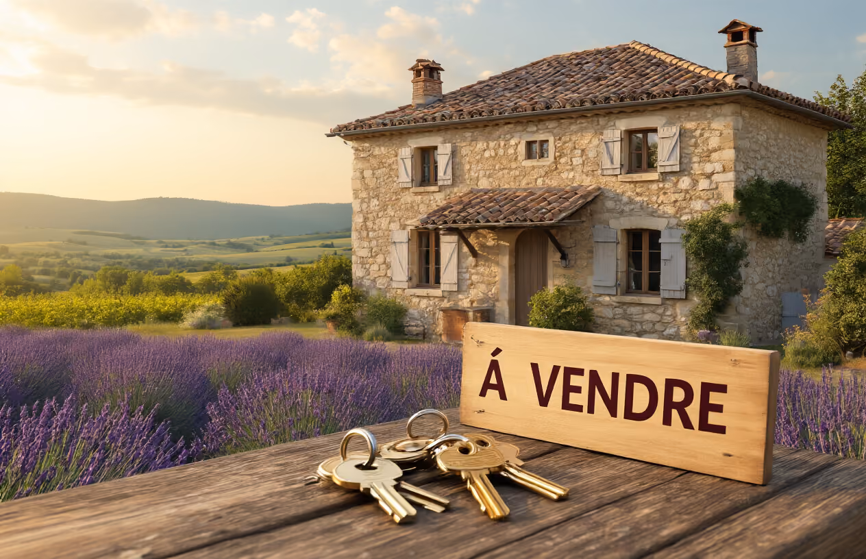 Create a realistic image of a charming French countryside house with traditional stone walls and terracotta roof tiles, featuring a large wooden "À VENDRE" (For Sale) sign in the front garden, with multiple sets of house keys arranged on a rustic wooden table in the foreground suggesting shared ownership, surrounded by lavender fields and rolling hills typical of the French landscape, warm golden hour lighting creating an inviting and affordable home-buying atmosphere, absolutely NO text should be in the scene.