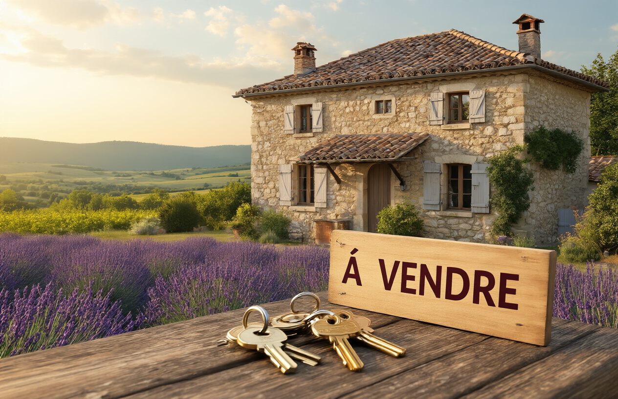 Create a realistic image of a charming French countryside house with traditional stone walls and terracotta roof tiles, featuring a large wooden "À VENDRE" (For Sale) sign in the front garden, with multiple sets of house keys arranged on a rustic wooden table in the foreground suggesting shared ownership, surrounded by lavender fields and rolling hills typical of the French landscape, warm golden hour lighting creating an inviting and affordable home-buying atmosphere, absolutely NO text should be in the scene.