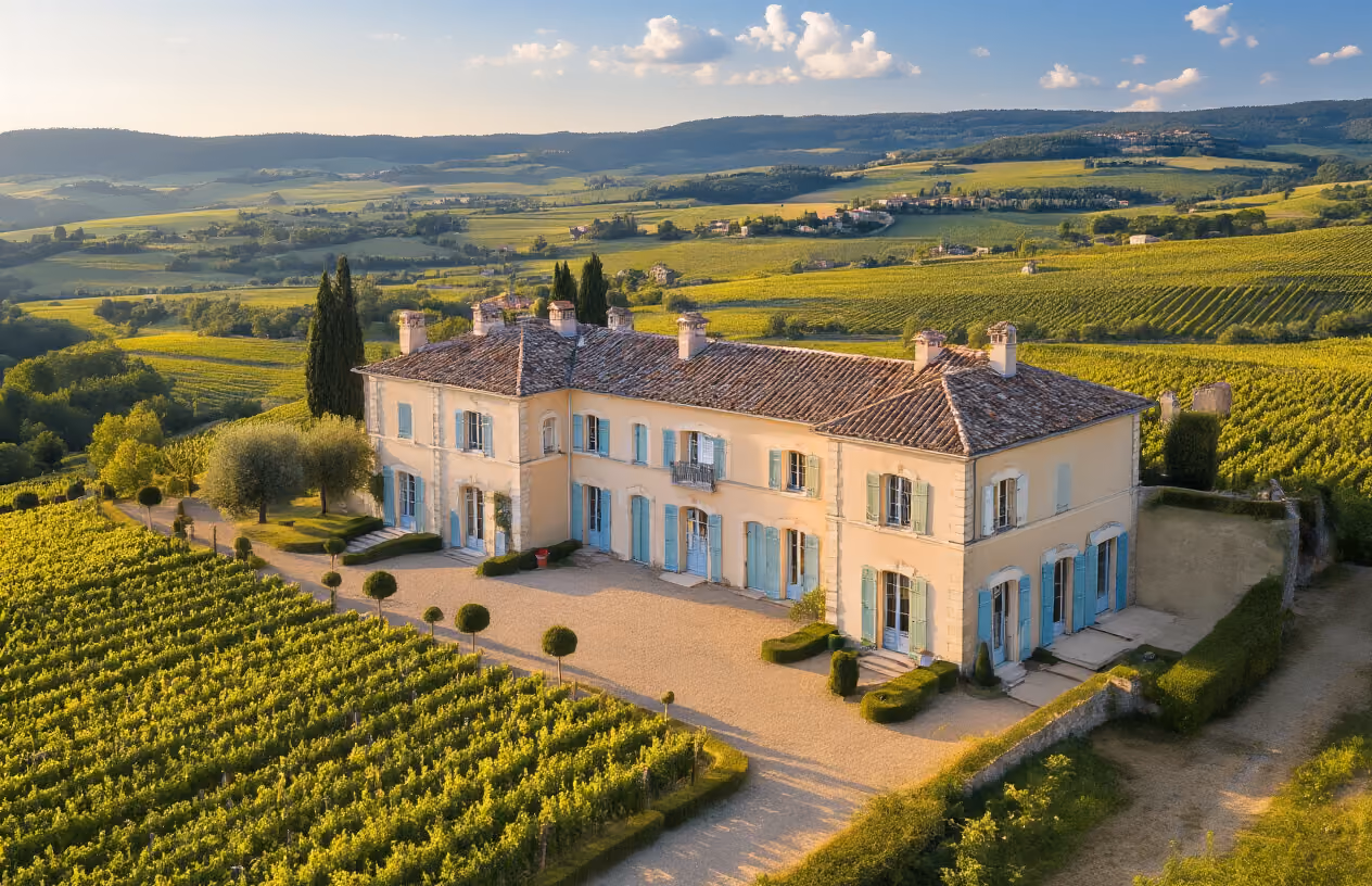Create a realistic image of a charming French villa or château with elegant architecture, showing the property divided into distinct sections with subtle visual indicators like different colored window shutters or entrance doors to represent shared ownership, set against a beautiful French countryside backdrop with rolling hills and vineyards, featuring warm golden hour lighting that creates an inviting and aspirational mood, with a clear blue sky and some scattered white clouds, absolutely NO text should be in the scene.