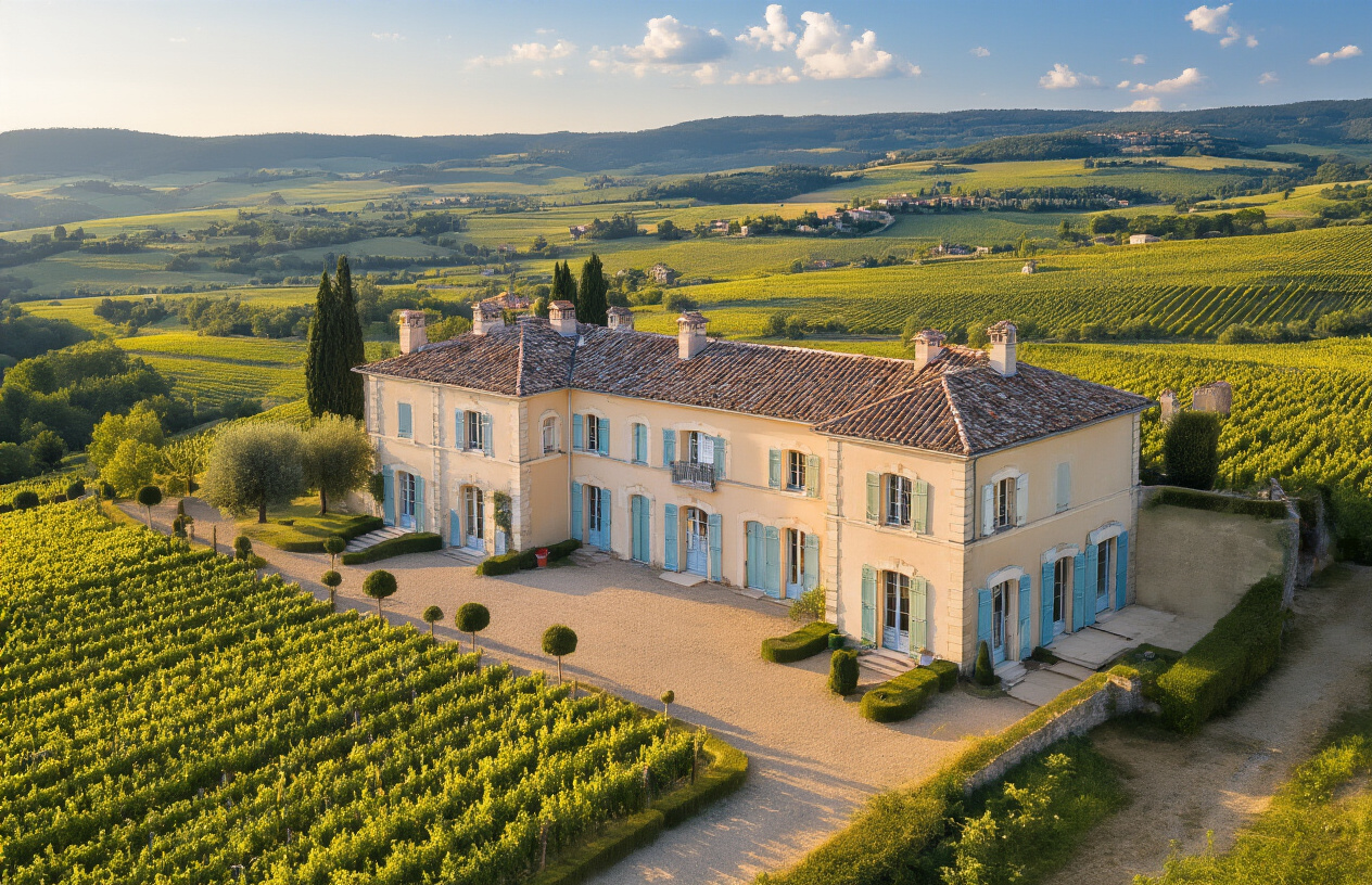 Create a realistic image of a charming French villa or château with elegant architecture, showing the property divided into distinct sections with subtle visual indicators like different colored window shutters or entrance doors to represent shared ownership, set against a beautiful French countryside backdrop with rolling hills and vineyards, featuring warm golden hour lighting that creates an inviting and aspirational mood, with a clear blue sky and some scattered white clouds, absolutely NO text should be in the scene.