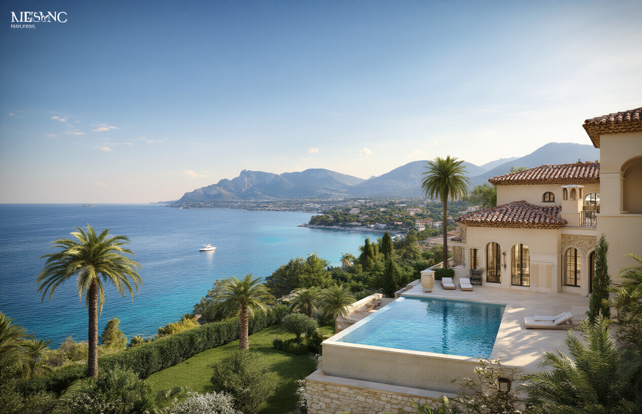 Create a realistic image of a stunning Mediterranean villa with terracotta roof tiles and cream-colored stone walls overlooking the azure blue waters of the French Riviera, featuring a pristine infinity pool in the foreground, lush palm trees and manicured gardens surrounding the property, distant mountains creating a dramatic backdrop, golden hour lighting casting warm shadows across the scene, a small private yacht visible in the sparkling bay below, and the characteristic pine trees of the Côte d'Azur dotting the landscape, capturing the essence of luxury co-ownership lifestyle in the South of France with crystal clear waters and elegant architectural details. Absolutely NO text should be in the scene.