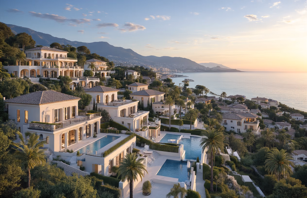 Create a realistic image of luxury Mediterranean coastline properties along the French Riviera with elegant villas and upscale developments cascading down hillsides toward the azure blue sea, featuring modern architectural details, manicured gardens with palm trees, pristine beaches below, golden hour lighting creating warm reflections on building facades and water, conveying prosperity and premium real estate investment opportunities in the Côte d'Azur region, absolutely NO text should be in the scene.
