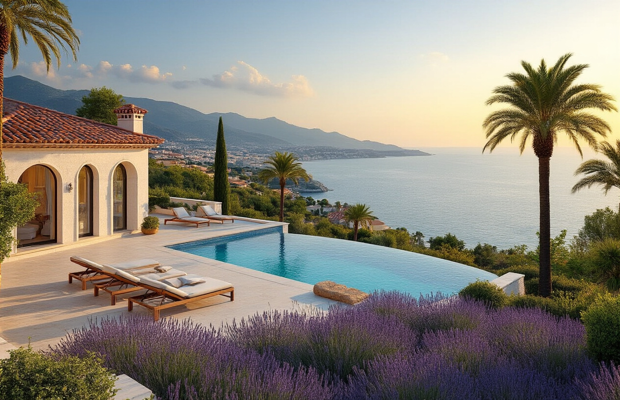 Create a realistic image of a luxurious Mediterranean villa with terracotta roof tiles and white stone walls overlooking the azure blue Mediterranean Sea, featuring an elegant infinity pool with lounge chairs on a sun-drenched terrace, surrounded by lush palm trees and lavender gardens, with the French Riviera coastline visible in the background under golden hour lighting, capturing the essence of upscale coastal living and shared luxury property ownership. Absolutely NO text should be in the scene.