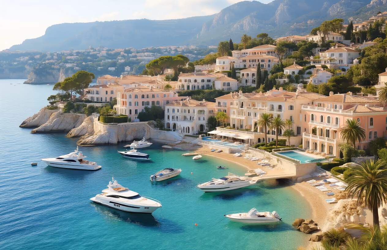 Create a realistic image of an elegant Mediterranean coastal town showcasing luxury French Riviera architecture with pristine white and pastel-colored villas featuring terracotta roofs cascading down hillsides toward a crystal-clear turquoise sea, luxury yachts anchored in a picturesque harbor, palm trees and manicured gardens dotting the landscape, golden afternoon sunlight casting warm shadows across the scenic coastline, capturing the essence of premium coastal living and sophisticated European charm. Absolutely NO text should be in the scene.