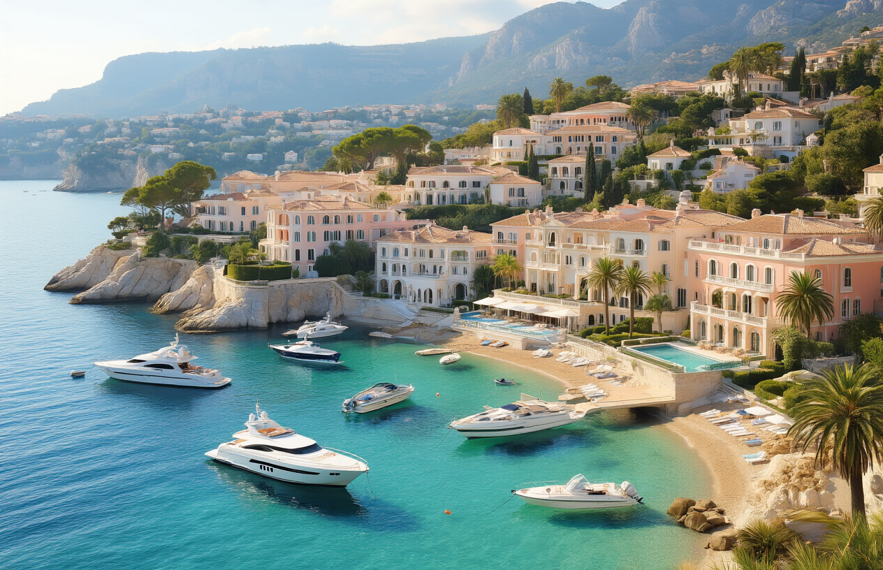 Create a realistic image of an elegant Mediterranean coastal town showcasing luxury French Riviera architecture with pristine white and pastel-colored villas featuring terracotta roofs cascading down hillsides toward a crystal-clear turquoise sea, luxury yachts anchored in a picturesque harbor, palm trees and manicured gardens dotting the landscape, golden afternoon sunlight casting warm shadows across the scenic coastline, capturing the essence of premium coastal living and sophisticated European charm. Absolutely NO text should be in the scene.