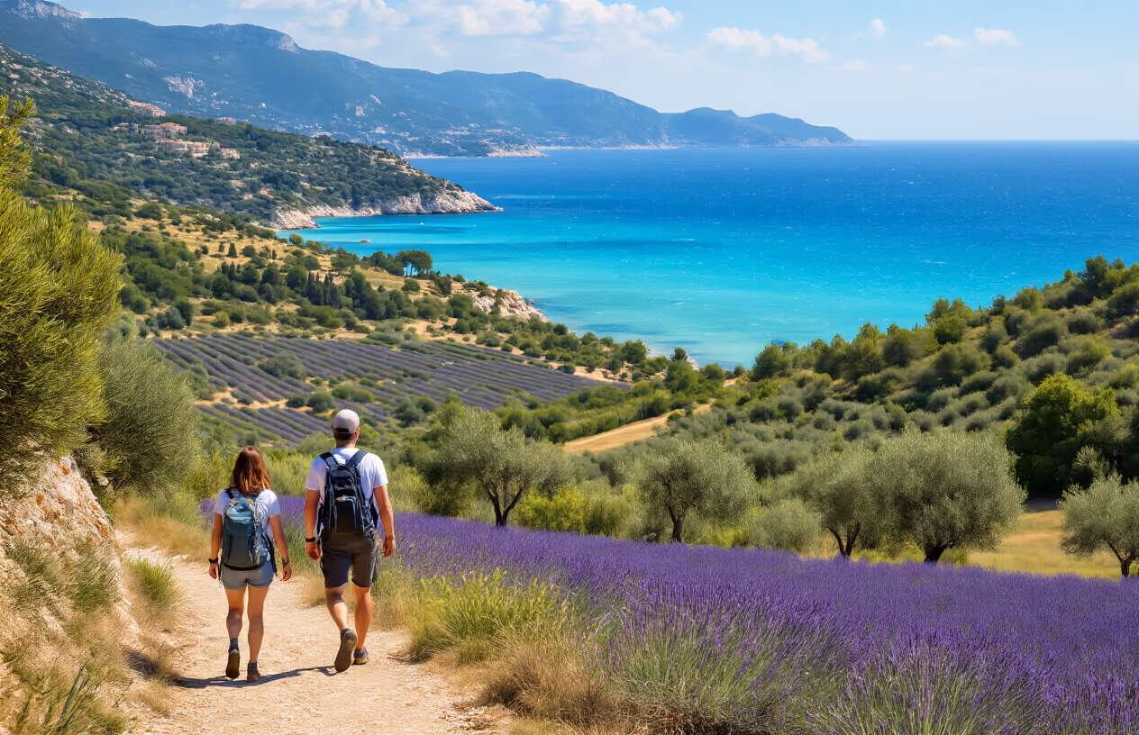 Create a realistic image of a white male and female couple hiking on a scenic coastal trail along the French Riviera, with the Mediterranean Sea's turquoise waters visible below, surrounded by lush green hills dotted with olive trees and lavender fields, under bright sunny skies with soft natural lighting, capturing the active outdoor lifestyle opportunities in the stunning natural landscape of southern France. Absolutely NO text should be in the scene.