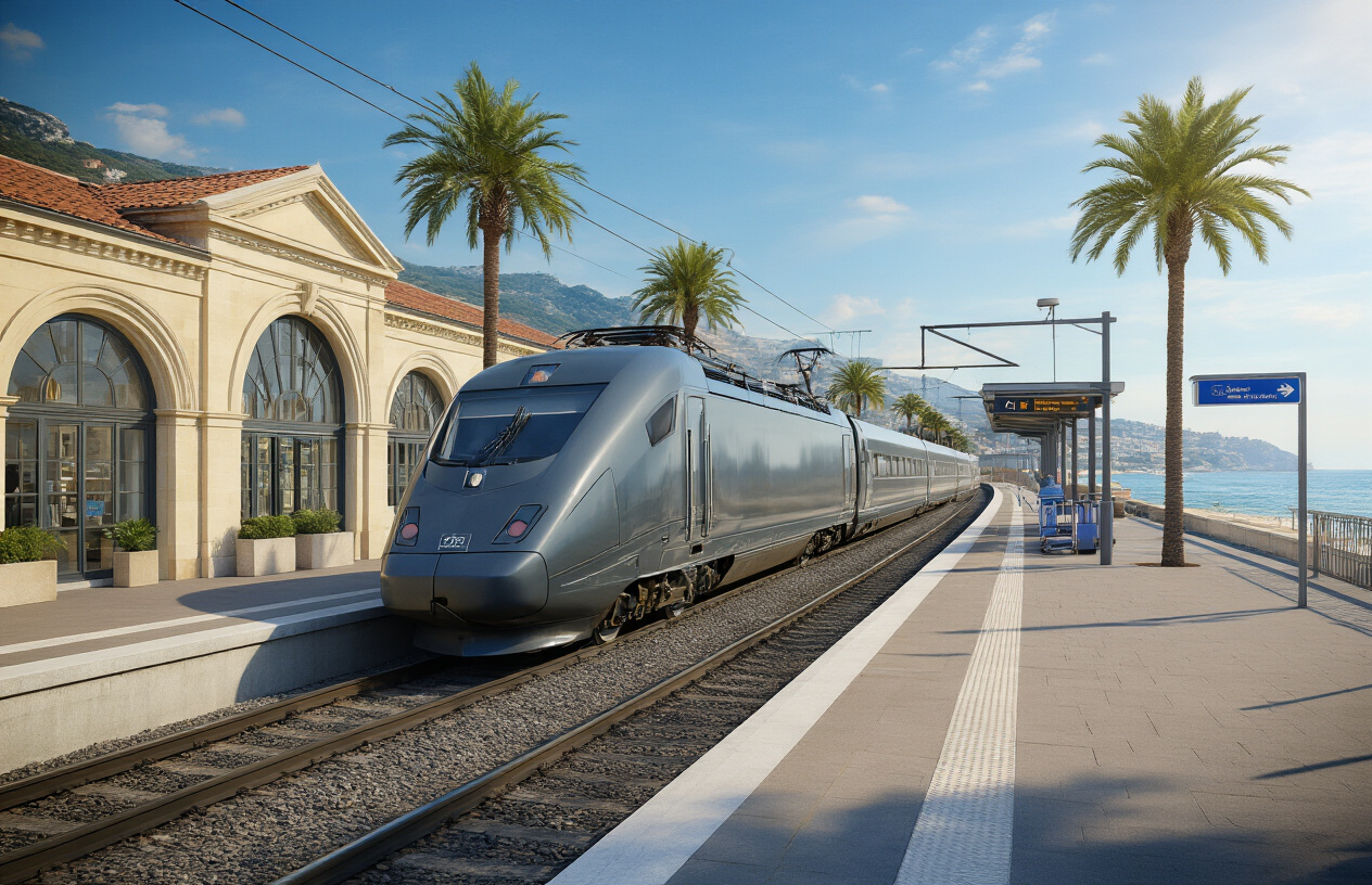 Create a realistic image of a sleek modern high-speed train arriving at a pristine French Riviera train station platform with Mediterranean architecture, featuring elegant arched windows and palm trees in the background, bright sunny lighting with clear blue skies, showing the seamless connection between efficient European transportation and the luxurious coastal destination, with luggage trolleys and directional signage visible on the platform, conveying ease of travel and accessibility to this premium vacation region, absolutely NO text should be in the scene.