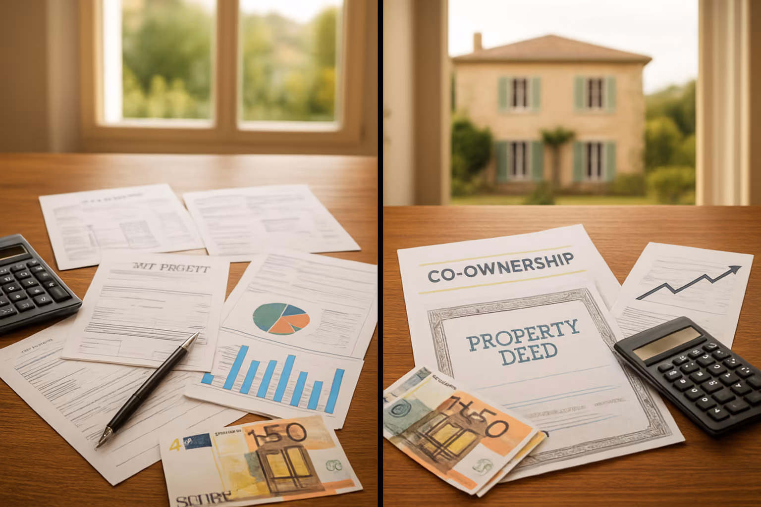 Create a realistic image of a split-screen comparison showing financial documents and French vacation properties, with the left side displaying rental receipts, bills, and expense charts scattered on a wooden desk, and the right side showing co-ownership documents, property deeds, and investment graphs with upward trending arrows, a calculator and French euros visible on both sides, with a beautiful French countryside villa blurred in the background, warm natural lighting coming through windows, professional and clean business atmosphere, absolutely NO text should be in the scene.