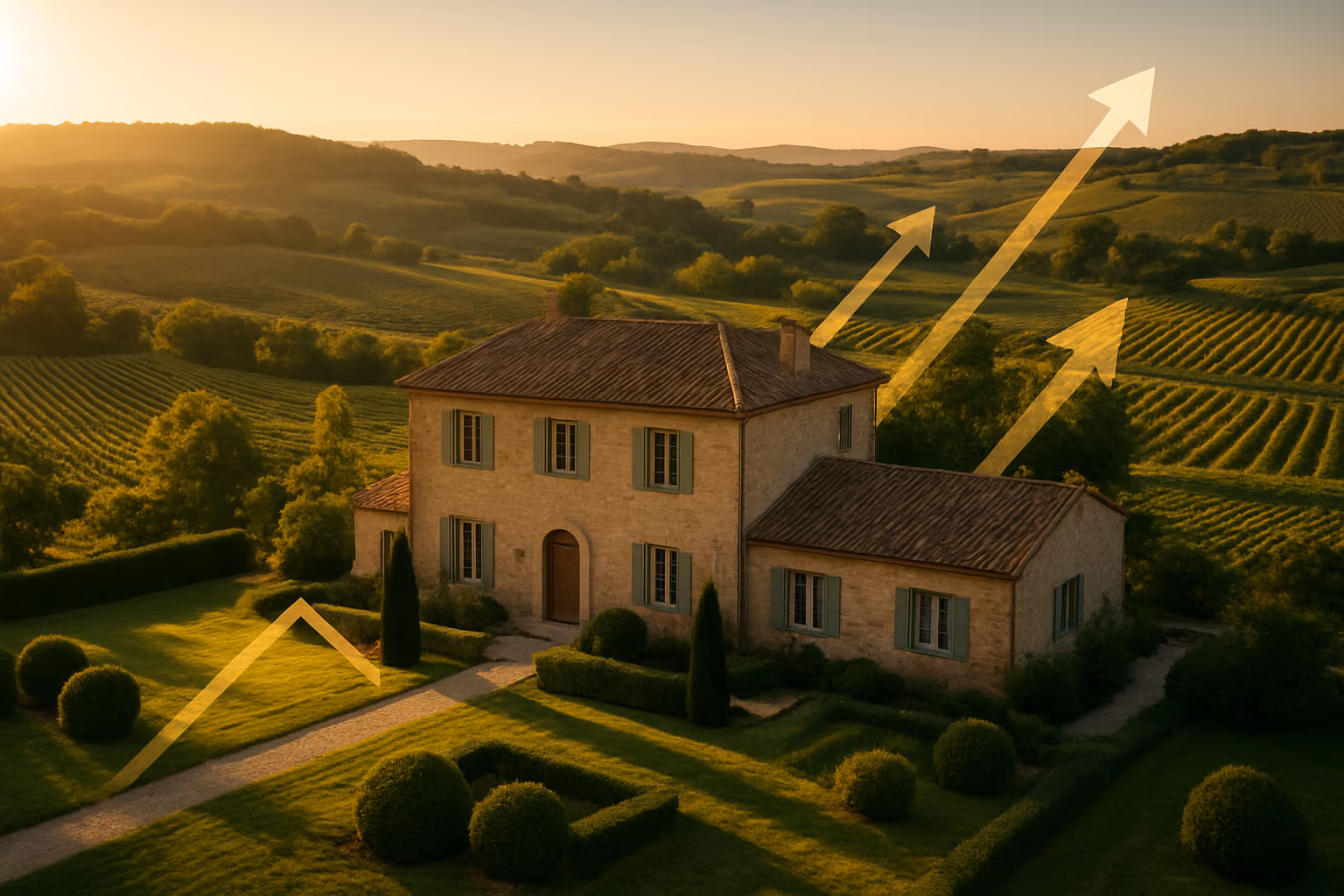 Create a realistic image of a beautiful French countryside property with a classic stone villa featuring traditional architecture, surrounded by rolling green hills and vineyards, with a subtle overlay of upward trending financial growth elements like gentle golden arrows or prosperity symbols integrated naturally into the landscape, warm golden hour lighting casting long shadows across manicured gardens, conveying prosperity and investment potential, shot from an elevated perspective showing the property's expansive grounds and scenic location that demonstrates long-term value and appreciation potential. Absolutely NO text should be in the scene.