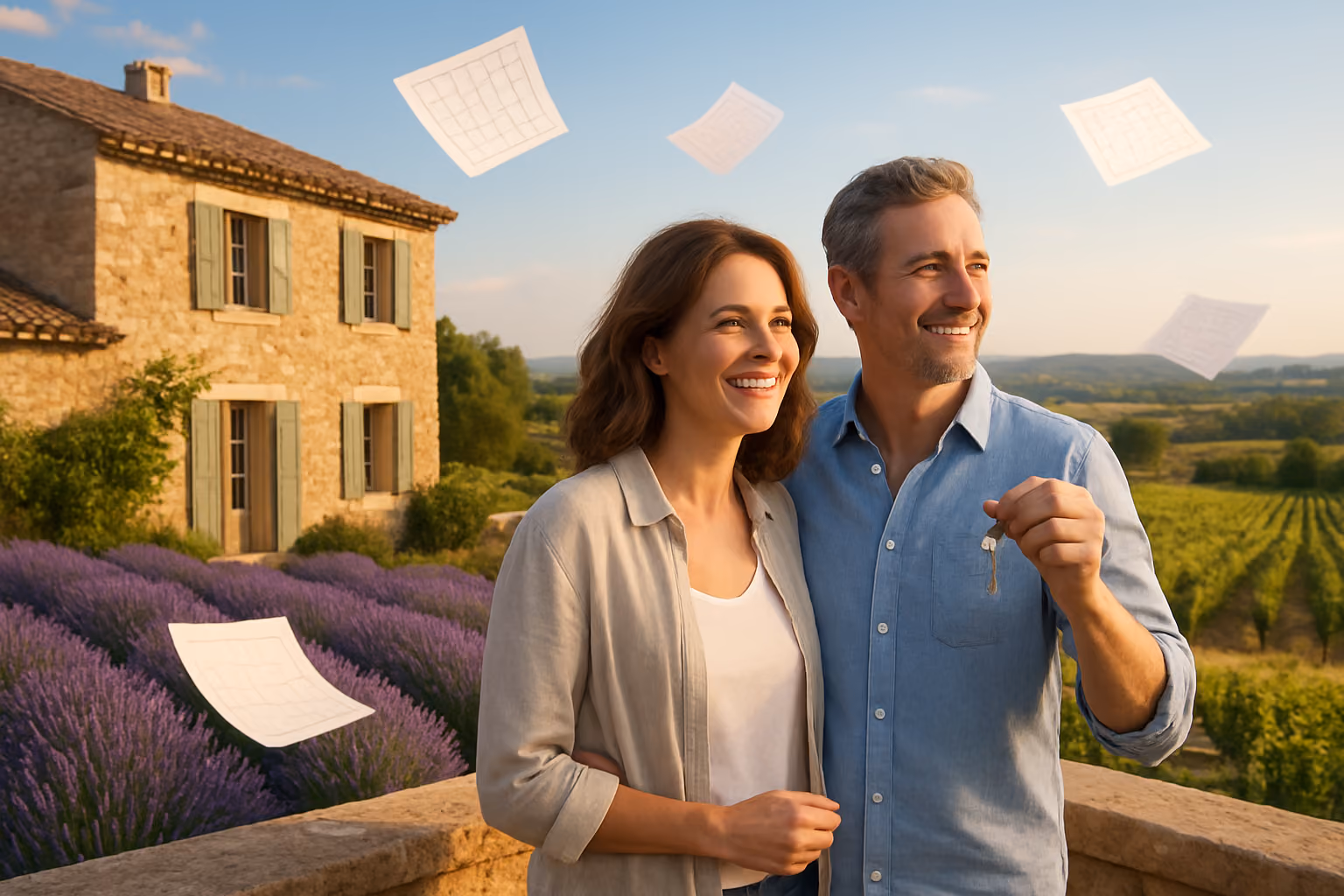 Create a realistic image of a beautiful French countryside property with a charming stone villa featuring traditional shutters and terracotta roof tiles, surrounded by lavender fields and vineyards, with a white male and female couple in their 40s standing on a sunny terrace overlooking the scenic landscape, holding keys and appearing relaxed and happy, with a clear blue sky, warm golden lighting suggesting late afternoon, and multiple calendar pages floating subtly in the air to symbolize flexible scheduling, absolutely NO text should be in the scene.