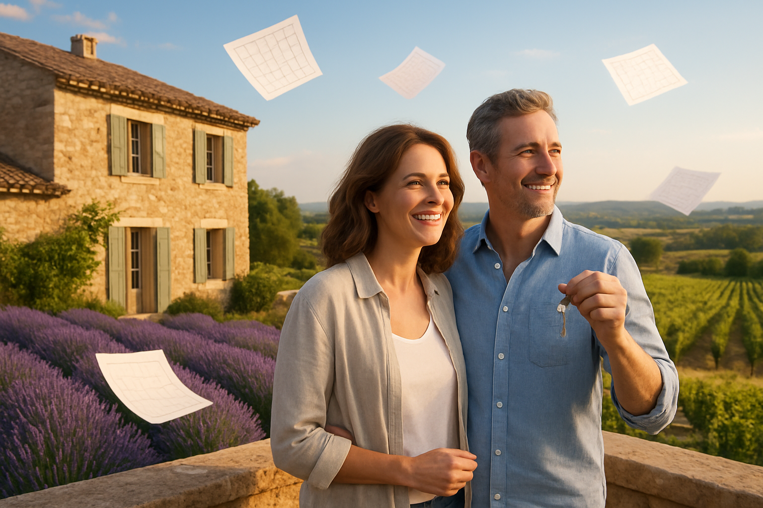 Create a realistic image of a beautiful French countryside property with a charming stone villa featuring traditional shutters and terracotta roof tiles, surrounded by lavender fields and vineyards, with a white male and female couple in their 40s standing on a sunny terrace overlooking the scenic landscape, holding keys and appearing relaxed and happy, with a clear blue sky, warm golden lighting suggesting late afternoon, and multiple calendar pages floating subtly in the air to symbolize flexible scheduling, absolutely NO text should be in the scene.