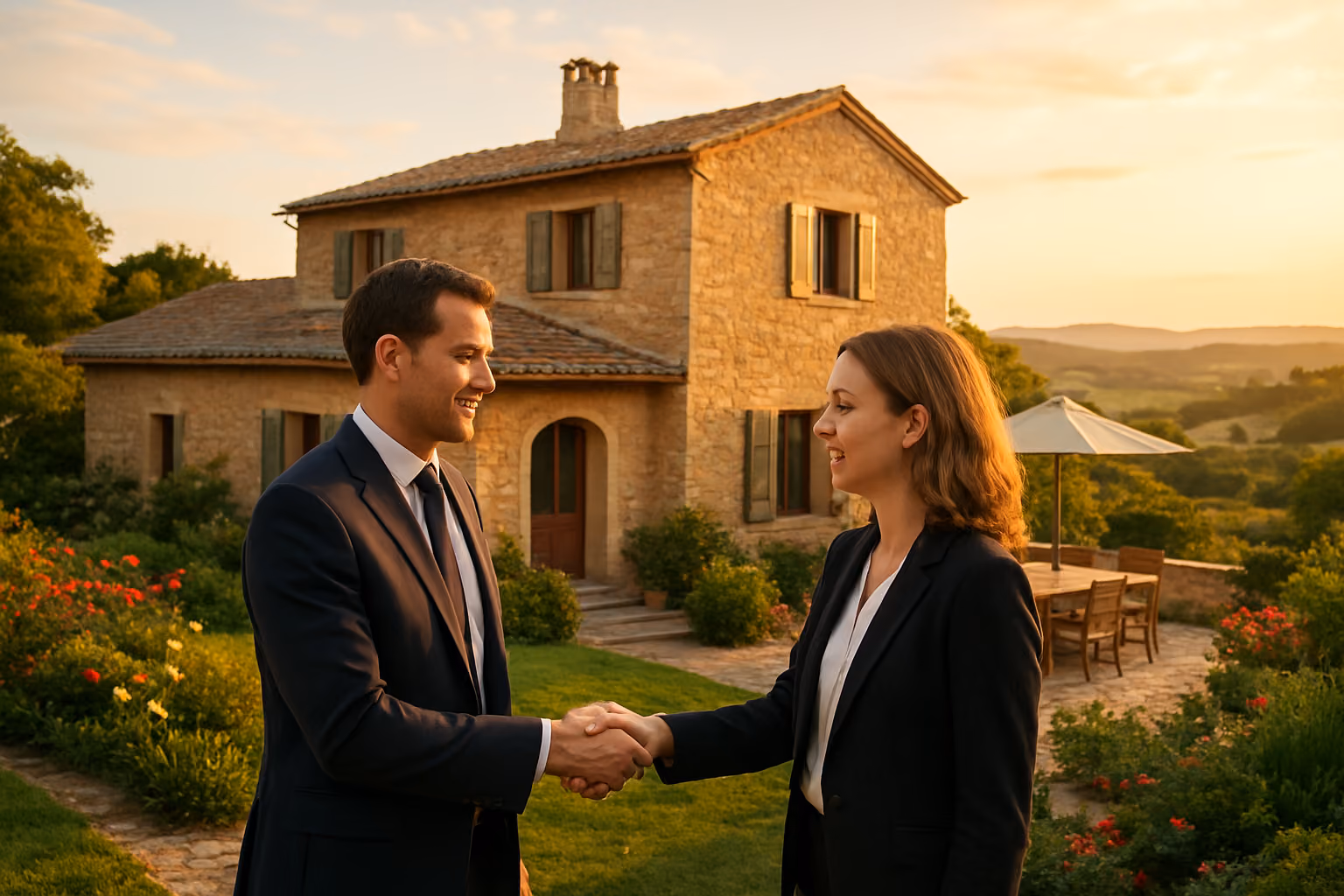 Create a realistic image of a charming French countryside villa with traditional stone architecture and terracotta roof tiles, featuring a handshake between two white adults (one male, one female) in business attire in the foreground symbolizing a co-ownership agreement, with the property's beautiful garden, outdoor terrace, and rolling hills of France visible in the background, warm golden hour lighting creating an inviting and prosperous atmosphere, absolutely NO text should be in the scene.