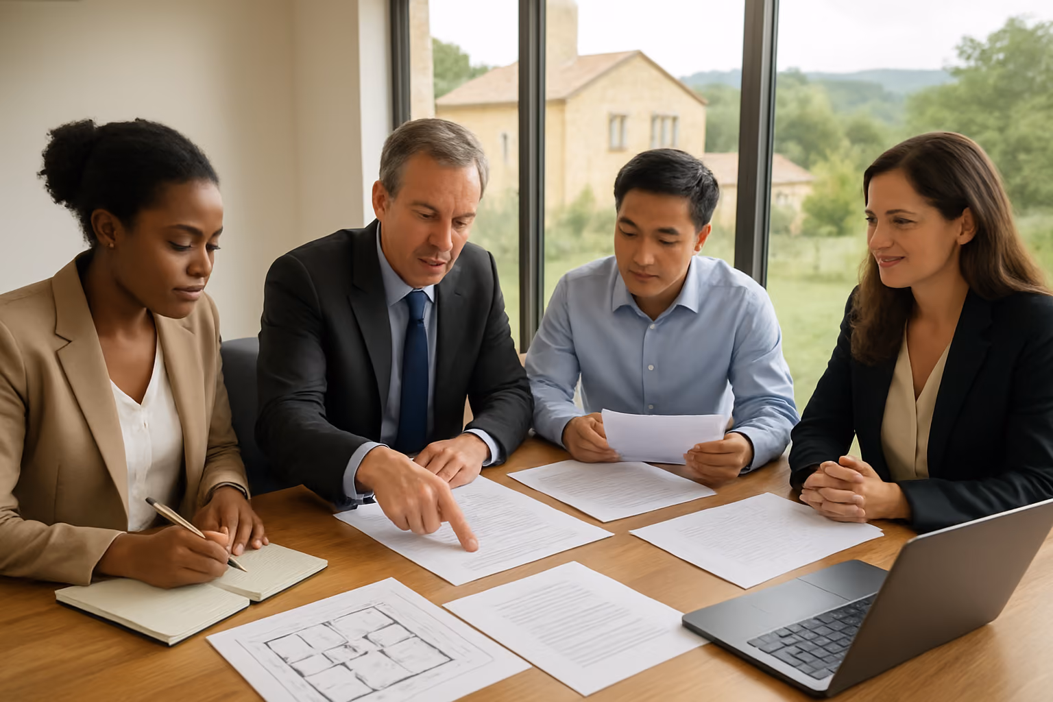 Create a realistic image of a diverse group of adults sitting around a modern wooden conference table in a bright, contemporary office setting, with legal documents, property floor plans, and a laptop computer spread across the table surface, featuring a middle-aged white male in business attire pointing to documents, a black female professional taking notes, and an Asian male reviewing papers, with large windows in the background showing a glimpse of French countryside with a charming stone villa, warm natural lighting filling the room, conveying a professional yet friendly atmosphere of collaboration and partnership, absolutely NO text should be in the scene.