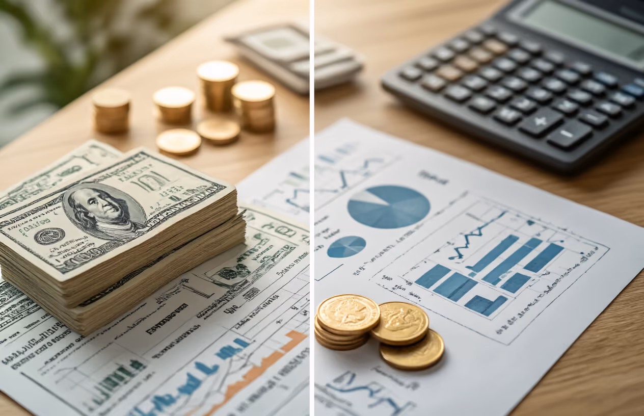 Create a realistic image of a split-screen composition showing financial comparison elements, with the left side displaying stacks of money, calculator, and property documents representing timeshare costs, and the right side showing similar financial elements but with different proportions representing co-ownership expenses, a modern desk surface as the background, professional lighting with soft shadows, charts and graphs scattered around showing upward and downward trend lines, a few coins and bills in different denominations, clean business environment atmosphere, neutral lighting that emphasizes the financial documents and monetary elements, absolutely NO text should be in the scene.