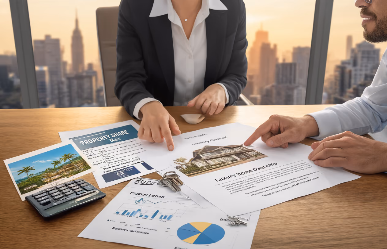 Create a realistic image of a modern real estate office setting with a sleek wooden desk displaying two distinct property sale documents side by side, one labeled with a timeshare resort key card and tropical brochure, the other with luxury home ownership papers and house keys, a calculator and financial charts showing declining and rising value trends scattered on the desk, a professional middle-aged white female real estate agent in business attire pointing to the documents while consulting with a diverse couple (black male and white female) seated across from her, warm office lighting with large windows showing a city skyline in the background, serious yet hopeful consultation atmosphere. Absolutely NO text should be in the scene.