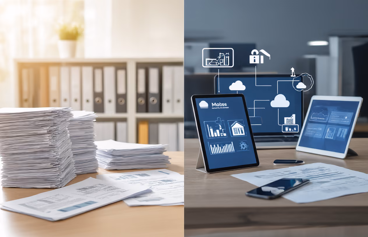 Create a realistic image of a modern split-screen composition showing traditional property management on one side with stacks of paperwork, filing cabinets, and manual processes, contrasted with digital property management solutions on the other side featuring sleek tablets, smartphones displaying property management apps, cloud storage icons, and automated systems, set in a contemporary office environment with clean lighting and professional atmosphere, absolutely NO text should be in the scene.