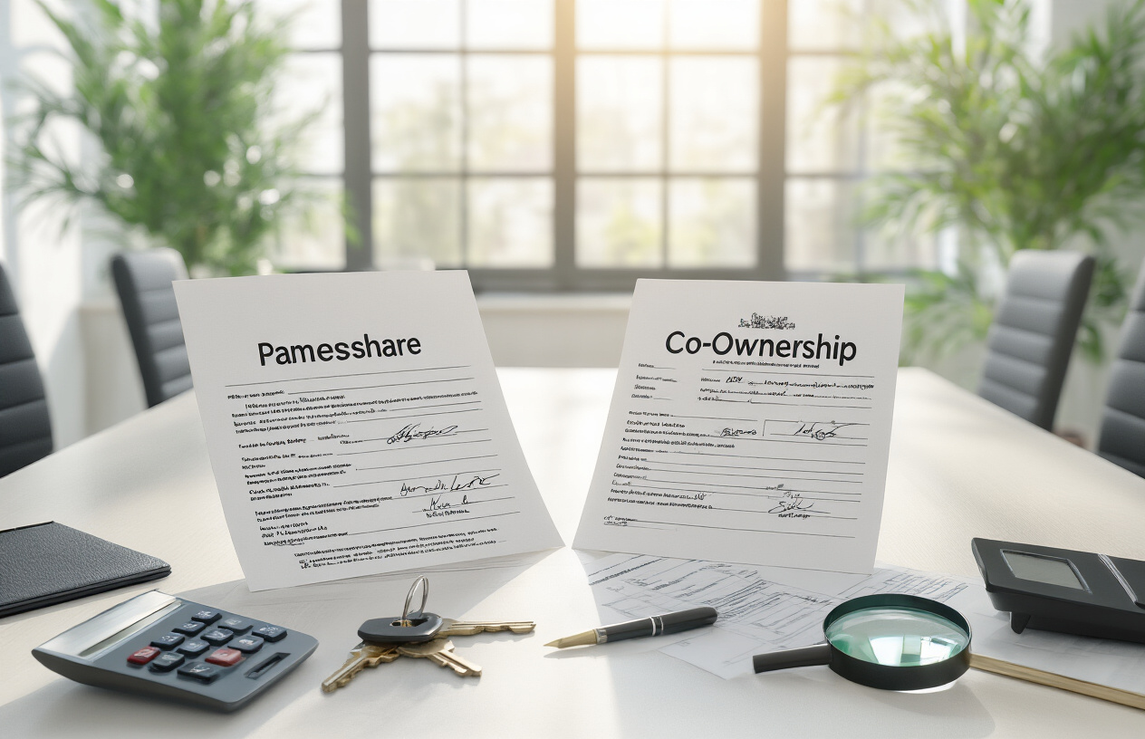Create a realistic image of a modern conference table with two distinct property ownership documents side by side, one labeled as timeshare paperwork with multiple signatures and the other showing co-ownership documentation with fewer signatures, surrounded by a calculator, house keys, and a magnifying glass, set in a bright professional office environment with natural lighting from large windows, featuring a clean white background with subtle shadows. Absolutely NO text should be in the scene.