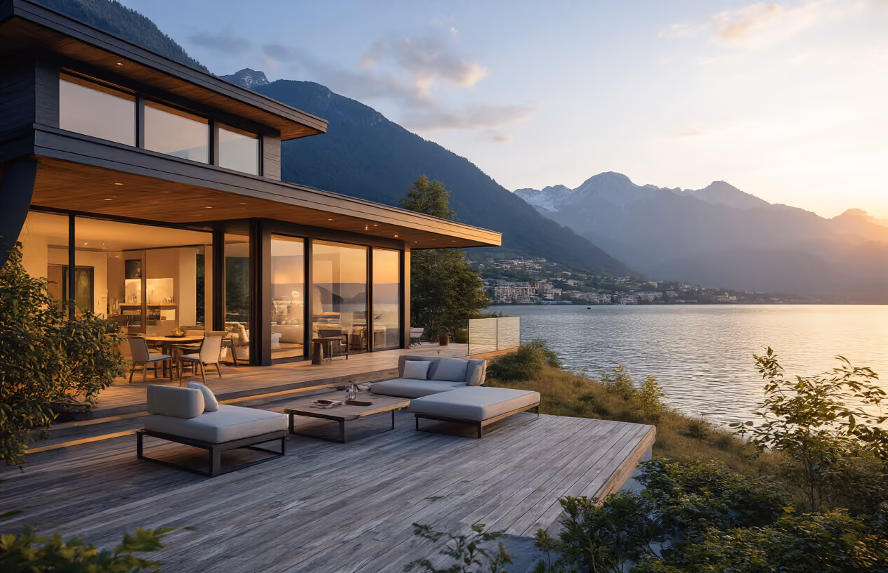 Create a realistic image of a modern luxury vacation home with a beautiful contemporary architecture featuring large windows and clean lines, set against a scenic mountain or lakeside backdrop, with a wooden deck and outdoor furniture visible, shot during golden hour lighting that creates a warm and inviting atmosphere, symbolizing smart property investment and shared ownership opportunities, with the scene conveying prosperity, relaxation, and modern living, absolutely NO text should be in the scene.