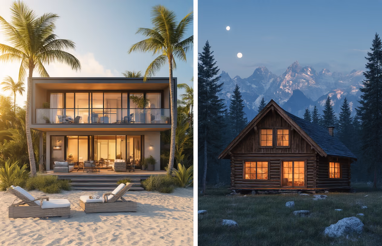 Create a realistic image of a split-screen composition showing two different vacation scenarios representing flexibility in property usage, with the left side displaying a modern beachfront vacation home with outdoor deck furniture and palm trees under bright sunny lighting, and the right side showing a cozy mountain cabin with wooden exterior and pine trees under soft evening lighting, with a subtle dividing line in the center, warm and inviting atmosphere throughout both scenes, professional real estate photography style lighting, absolutely NO text should be in the scene.