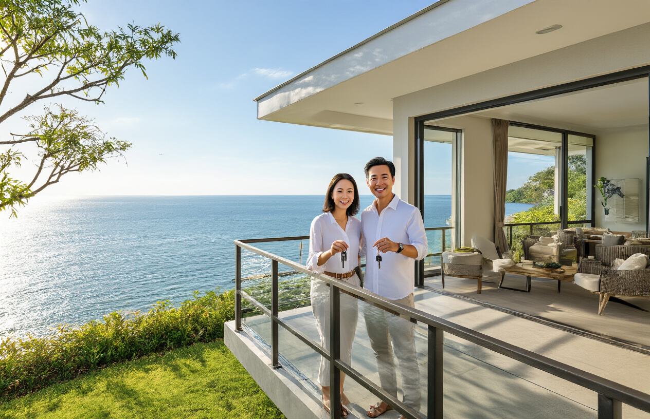 Create a realistic image of a modern luxury vacation home with a beautiful ocean view, featuring a white male and Asian female couple in their 40s standing on a spacious deck overlooking the water, both holding house keys and smiling confidently, with the property showing clear signs of shared ownership like a well-maintained garden and premium outdoor furniture, bright natural lighting creating a welcoming atmosphere, conveying financial success and smart investment decisions, absolutely NO text should be in the scene.