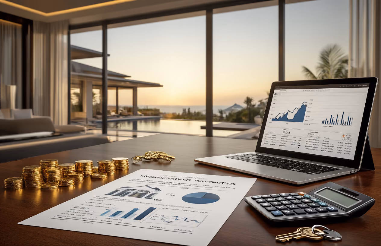 Create a realistic image of a sophisticated investment portfolio scene featuring luxury vacation properties, with elegant real estate documents and financial charts spread across a polished wooden desk, gold coins and calculator nearby, a tablet displaying property investment graphs, keys to premium vacation homes, and a background showing upscale resort properties through large windows, warm professional lighting creating an atmosphere of wealth building and smart financial decisions, absolutely NO text should be in the scene.
