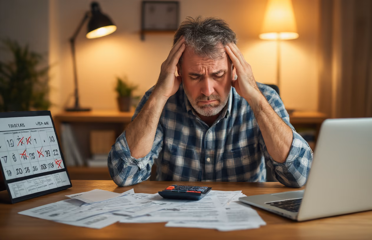 Create a realistic image of a frustrated middle-aged white male sitting at a wooden desk looking at timeshare documents and bills spread across the surface, with a calculator showing high numbers, a calendar with crossed-out vacation dates, and a laptop screen displaying restrictive booking policies, set in a home office with warm lighting that contrasts with the man's disappointed expression as he holds his head in one hand while pointing at confusing contract terms with the other, absolutely NO text should be in the scene.
