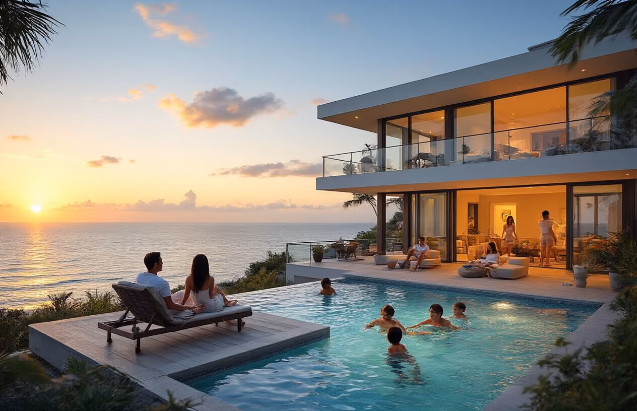 Create a realistic image of a modern luxury vacation home with multiple families enjoying different areas of the property simultaneously, showing a white male and black female couple relaxing on a deck overlooking the ocean while an Asian male and white female family with children play in a swimming pool area, with the house featuring contemporary architecture, large windows, and beautiful landscaping, set during golden hour lighting that creates a warm and welcoming atmosphere, emphasizing the shared yet private nature of co-ownership living, absolutely NO text should be in the scene.