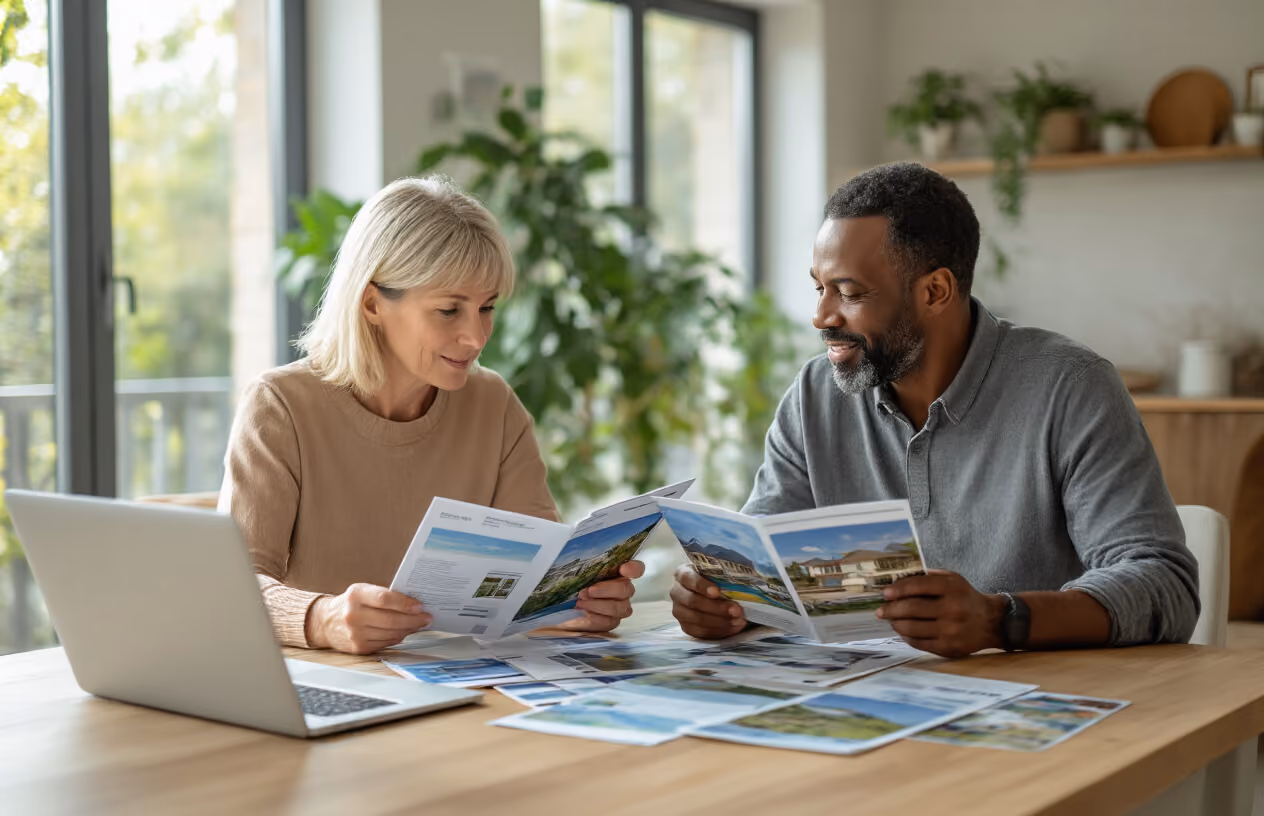 Create a realistic image of a middle-aged white female and a middle-aged black male sitting at a modern wooden table reviewing various vacation property brochures and documents spread out before them, with a laptop computer open showing property listings, in a bright contemporary living room with large windows, natural daylight streaming in, houseplants in the background, and a calm, focused atmosphere as they compare different vacation home ownership options, absolutely NO text should be in the scene.