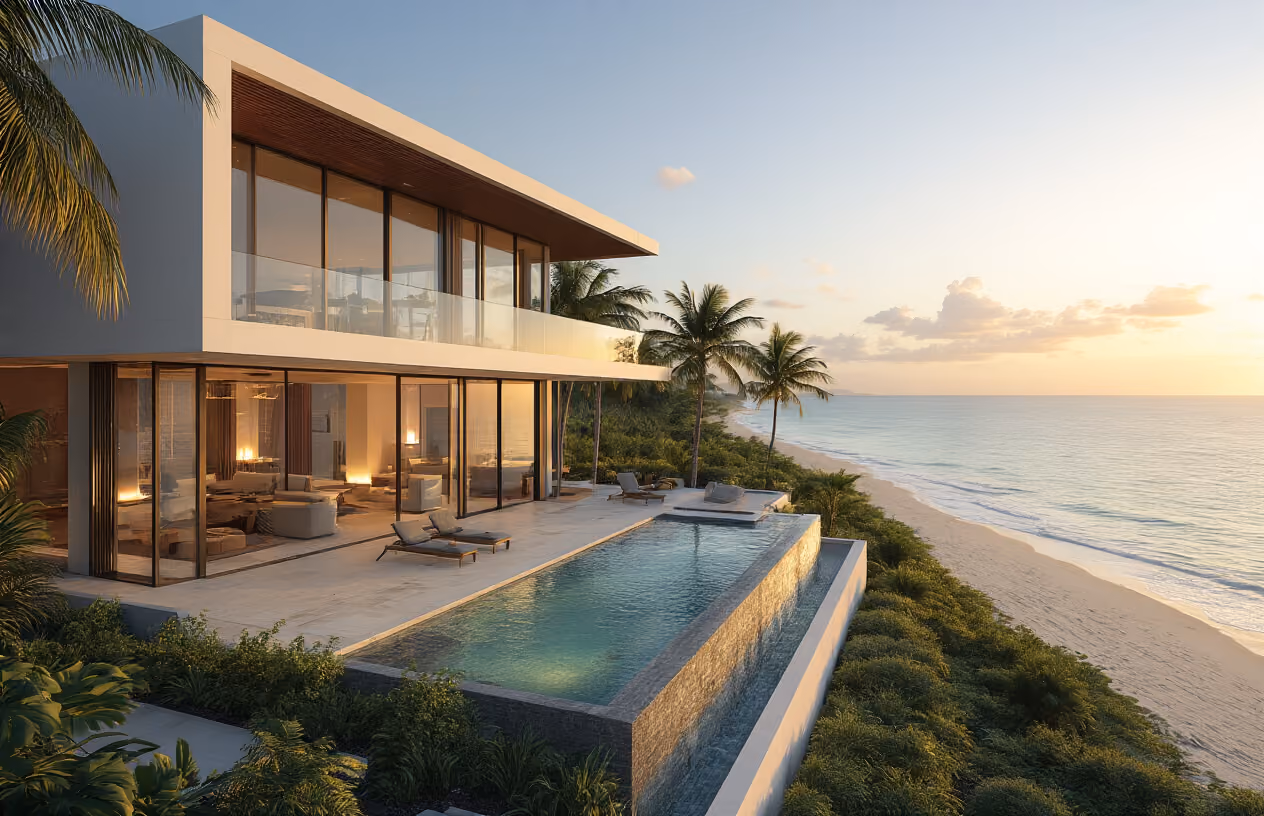 Create a realistic image of a modern, luxurious vacation home with floor-to-ceiling windows overlooking a pristine beach, featuring sleek contemporary architecture with clean lines and premium materials, surrounded by a well-maintained tropical landscape with palm trees and manicured gardens, bathed in warm golden hour lighting that highlights the property's sophisticated design elements including an infinity pool, outdoor entertainment area, and spacious terraces, conveying an atmosphere of upscale leisure and investment opportunity, shot from an elevated perspective that showcases both the property's elegance and its desirable beachfront location, absolutely NO text should be in the scene.