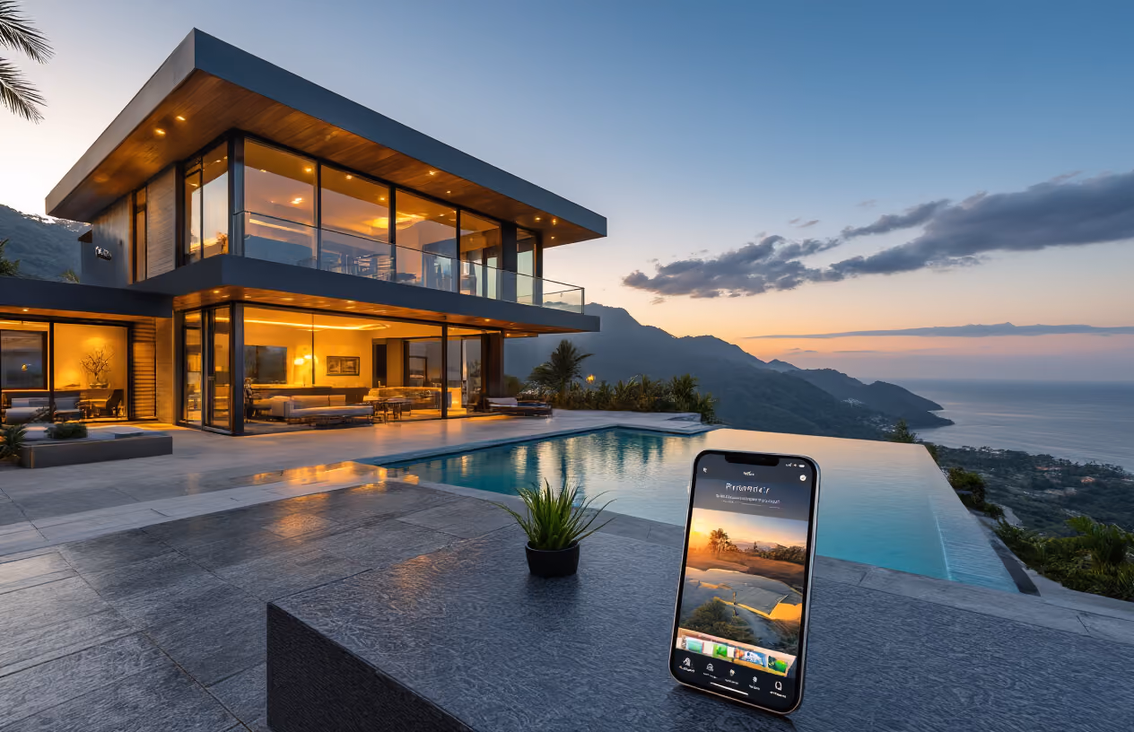 Create a realistic image of a modern luxury vacation rental property with sleek contemporary architecture, featuring a beautiful single-family home with large glass windows, clean lines, and an infinity pool overlooking a scenic mountain or ocean vista, with a smartphone or tablet displaying a property rental app interface placed on a stylish outdoor table in the foreground, warm golden hour lighting casting a welcoming glow across the scene, conveying innovation and premium vacation experiences, absolutely NO text should be in the scene.