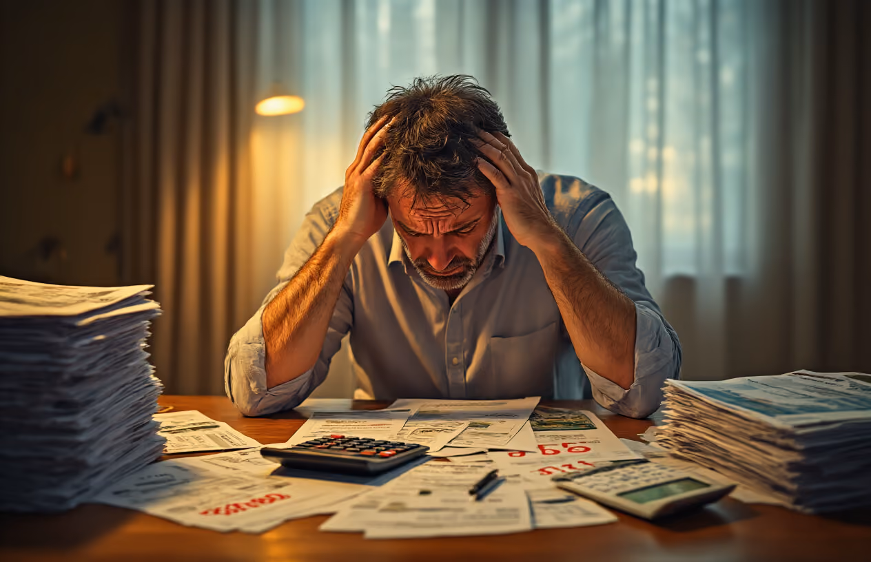 Create a realistic image of a stressed middle-aged white male sitting at a wooden desk covered with financial documents, calculator, and bills, holding his head in his hands in frustration, surrounded by stacks of paper with red numbers and warning notices, dimly lit room with warm amber lighting casting shadows, expensive resort brochure visible on one side contrasting with overdue payment notices, mood conveying financial burden and regret, absolutely NO text should be in the scene.