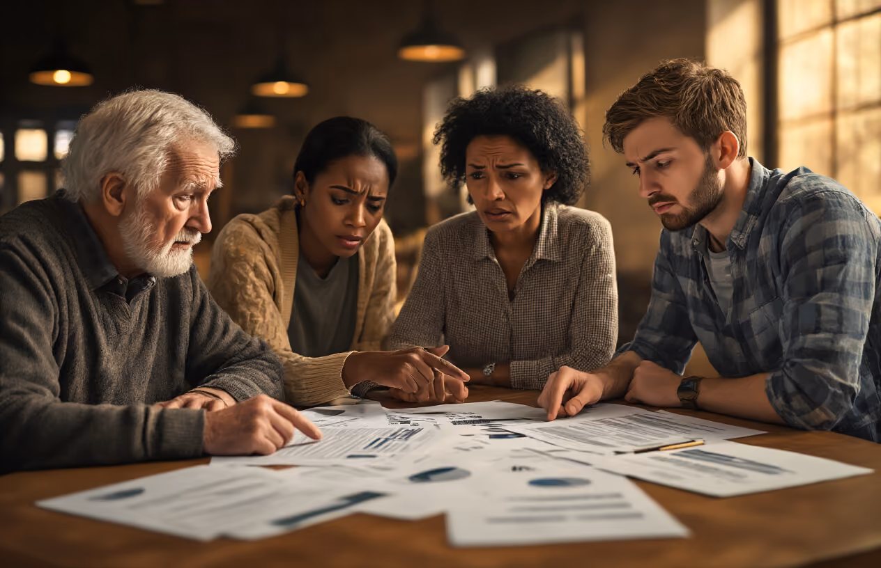 Create a realistic image of a diverse group of people looking concerned and stressed while reviewing documents at a table, including an elderly white couple in their 70s, a middle-aged black woman, and a young white male in his 30s, with financial papers and contracts scattered on the table surface, set in a dimly lit room with warm lighting that creates shadows emphasizing their worried expressions, showing them pointing at paperwork with furrowed brows and tense body language. Absolutely NO text should be in the scene.