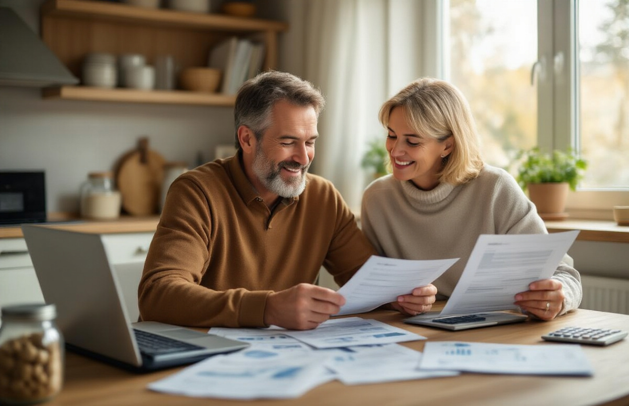 Create a realistic image of a white middle-aged couple sitting at a kitchen table looking relieved and empowered while reviewing financial documents with a laptop open showing investment alternatives, surrounded by organized paperwork and a calculator, with warm natural lighting streaming through a window creating a hopeful atmosphere that suggests they've made an informed decision to avoid timeshare pitfalls, featuring a clean modern home interior background with subtle elements like a savings jar and financial planning books on nearby shelves. Absolutely NO text should be in the scene.