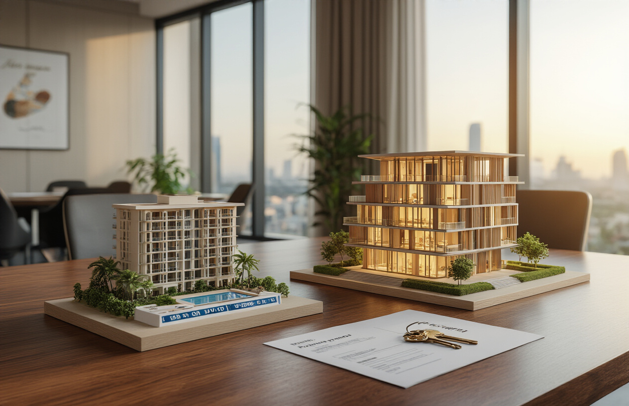 Create a realistic image of a modern conference room with a polished wooden table displaying two contrasting property investment scenarios: on the left side, a small model of a luxury resort with tiny timeshare units and a calendar showing limited usage weeks, and on the right side, an elegant architectural model of a premium residential property with ownership documents and keys nearby, with warm natural lighting streaming through large windows, professional atmosphere, and a subtle background showing city skyline, absolutely NO text should be in the scene.