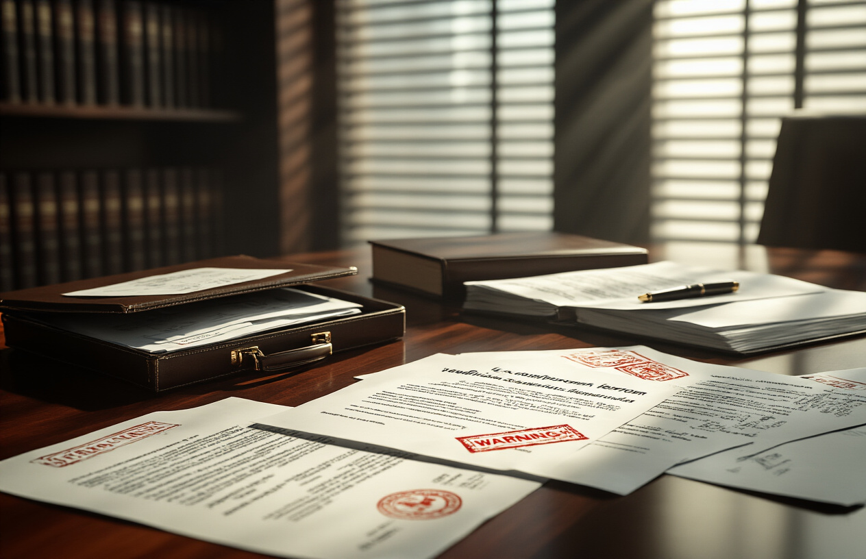 Create a realistic image of a corporate conference room with scattered legal documents, warning letters, and regulatory notices spread across a polished wooden table, with a briefcase left open showing more official papers, some documents have red warning stamps or official seals visible, the scene has dramatic lighting with shadows cast across the papers suggesting secrecy or being overlooked, the background shows blurred law books on shelves and a window with venetian blinds creating striped light patterns, the overall mood is serious and ominous with warm amber lighting contrasted by cool shadows, absolutely NO text should be in the scene.