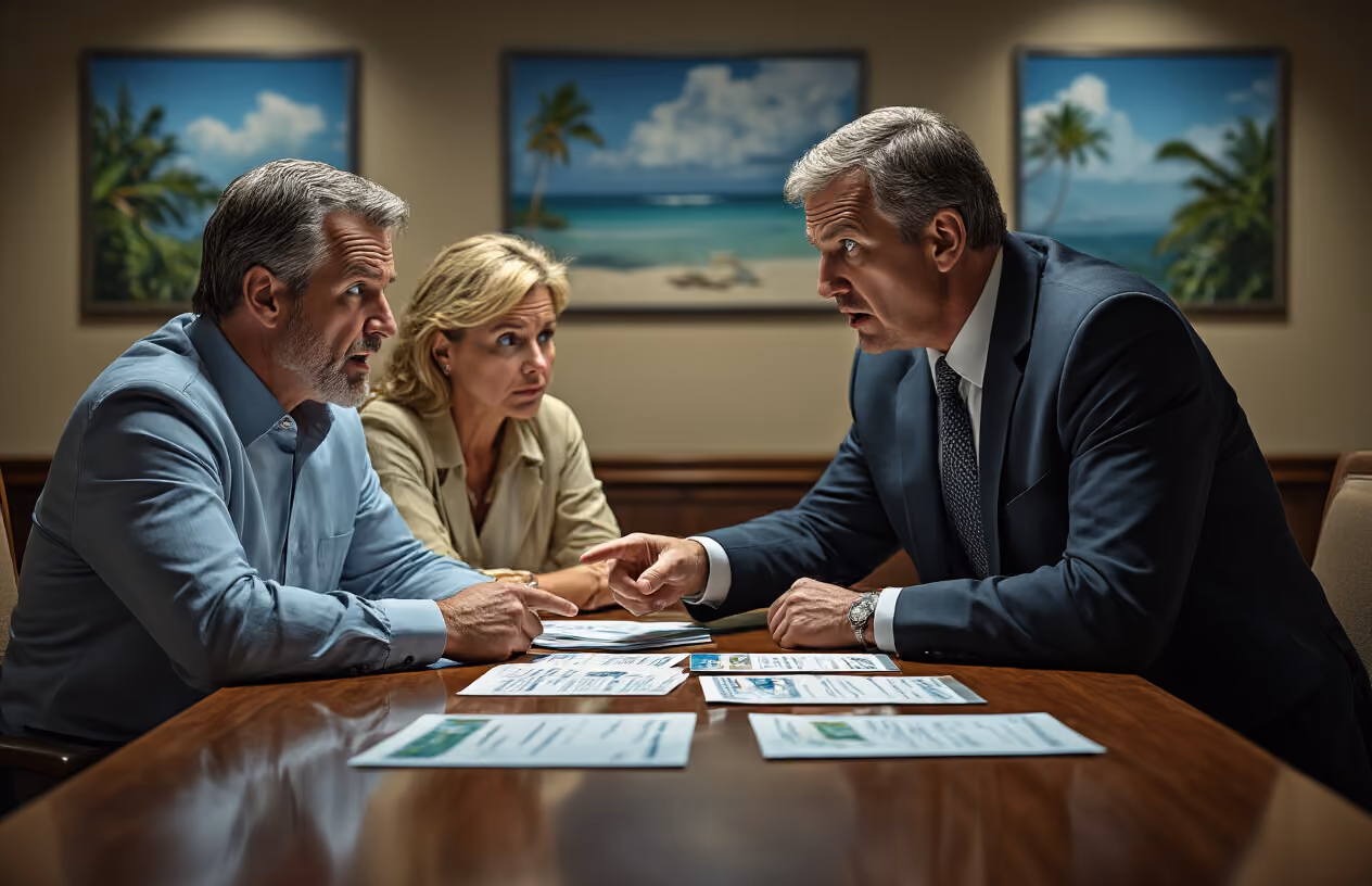 Create a realistic image of a high-pressure timeshare sales presentation scene showing a middle-aged white male salesperson in a business suit aggressively leaning forward across a polished conference table toward a concerned-looking middle-aged white couple, with the salesperson's finger pointing at scattered brochures and contracts on the table, set in a dimly lit resort conference room with tropical resort posters on the walls, creating a tense and uncomfortable atmosphere with dramatic shadows and harsh overhead lighting that emphasizes the predatory nature of the sales tactics, absolutely NO text should be in the scene.